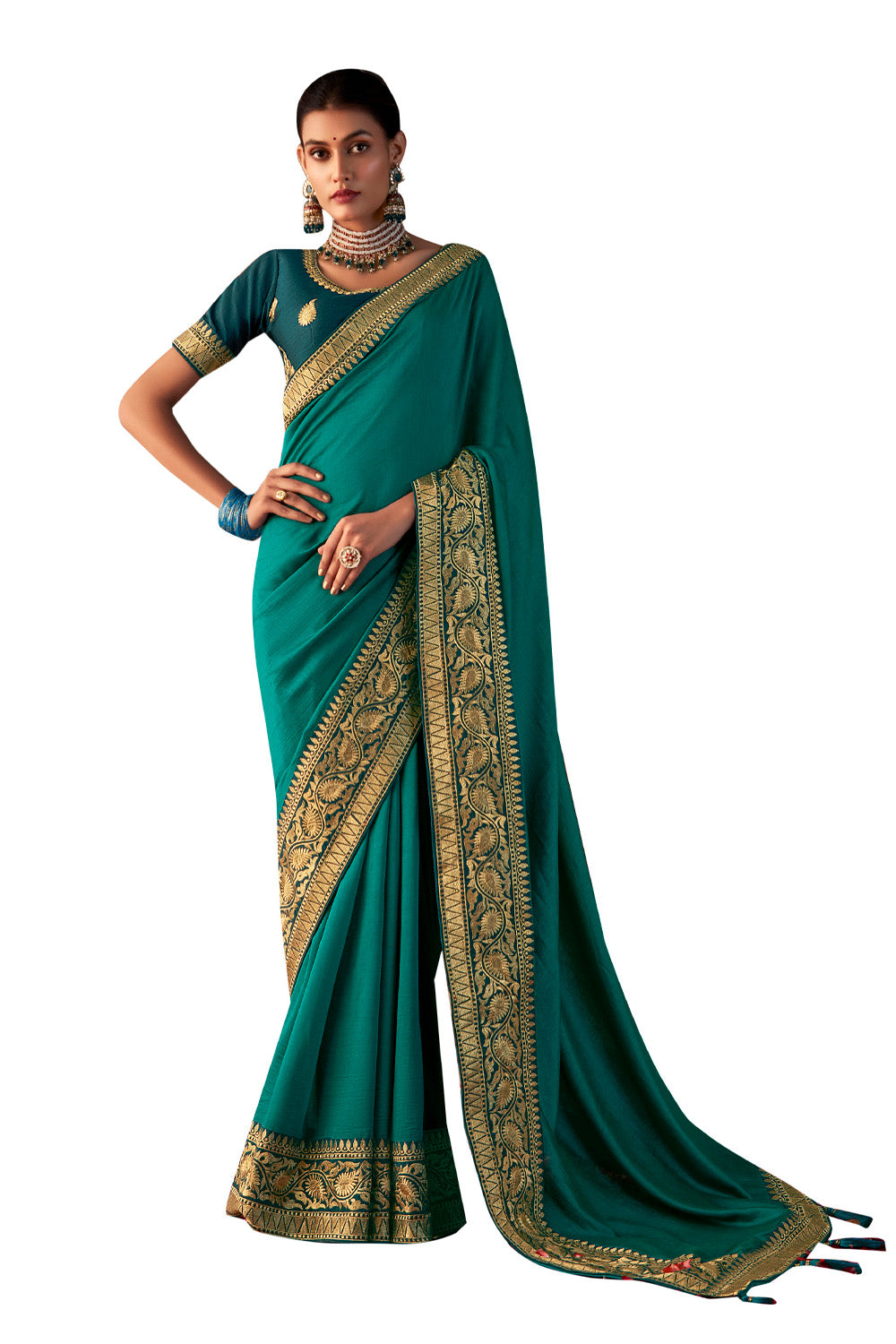 In-Sattva Women's Heritage Vichitra Patola Art Silk Saree; Turquoise Green