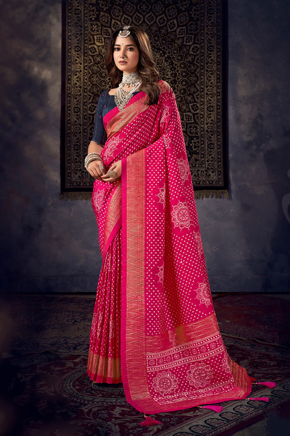 In-Sattva Women's Heritage Bandhani Tussar Silk Saree; Royal Fuchsia