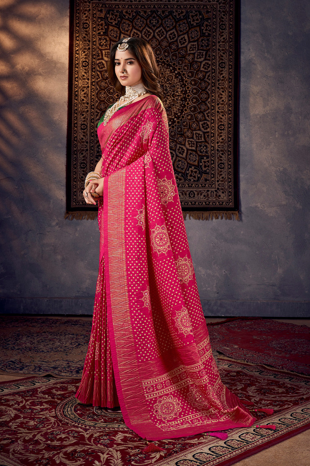In-Sattva Women's Heritage Bandhani Tussar Silk Saree; Royal Fuchsia