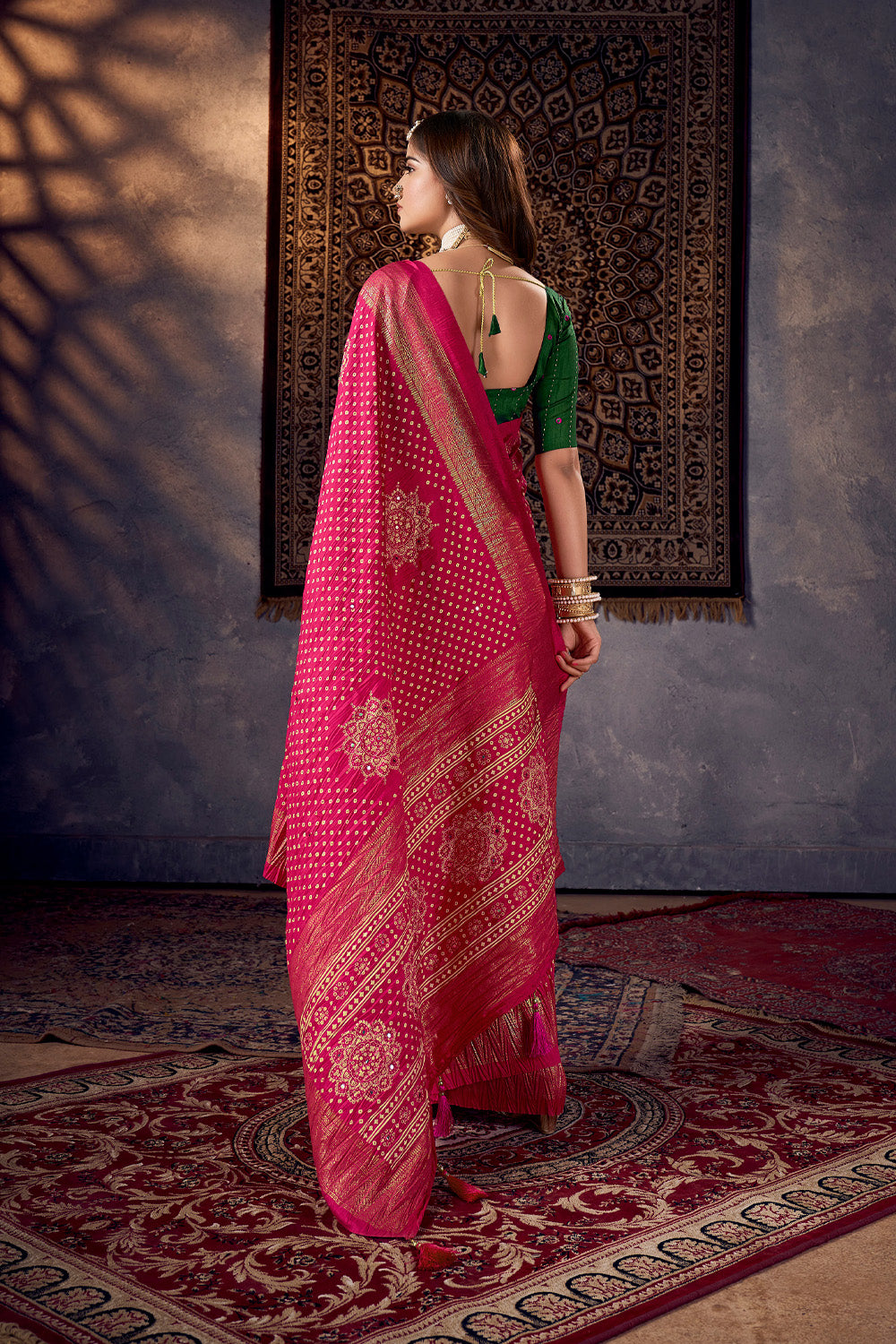 In-Sattva Women's Heritage Bandhani Tussar Silk Saree; Royal Fuchsia