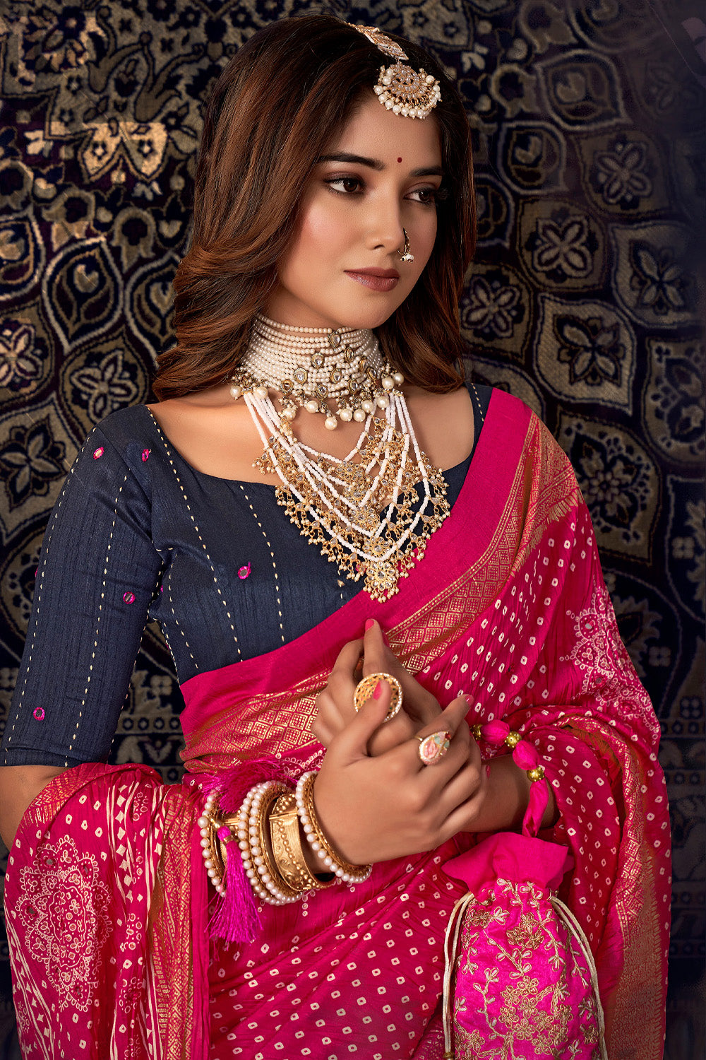 In-Sattva Women's Heritage Bandhani Tussar Silk Saree; Royal Fuchsia