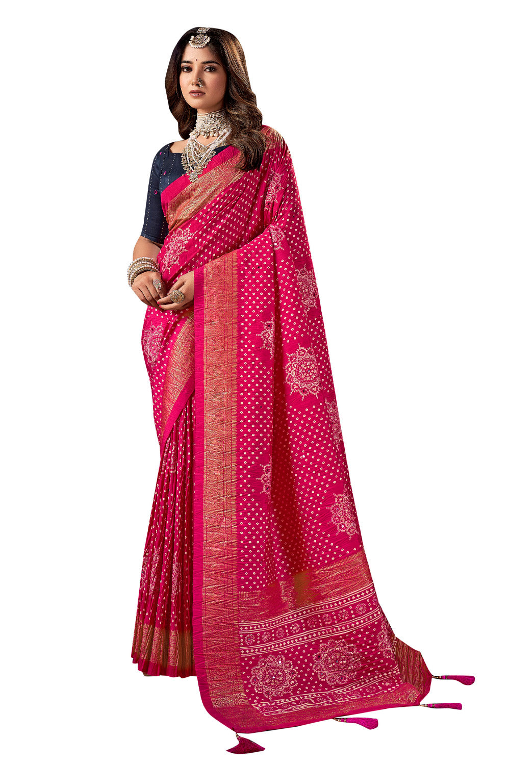In-Sattva Women's Heritage Bandhani Tussar Silk Saree; Royal Fuchsia
