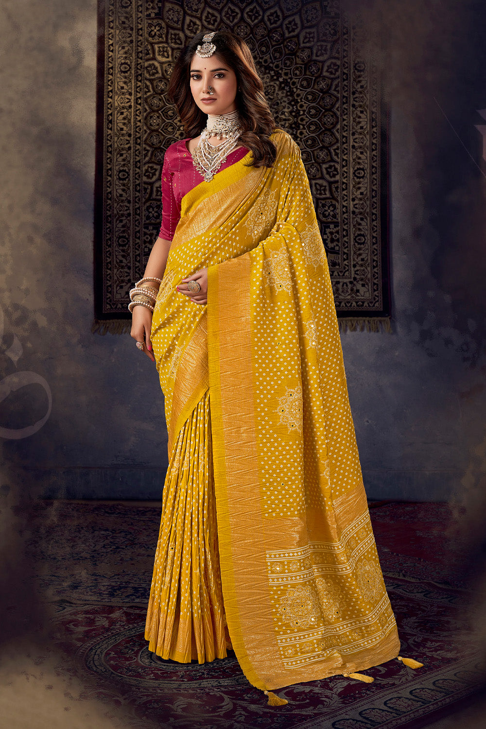 In-Sattva Women's Heritage Bandhani Tussar Silk Saree; Haldi Mustard