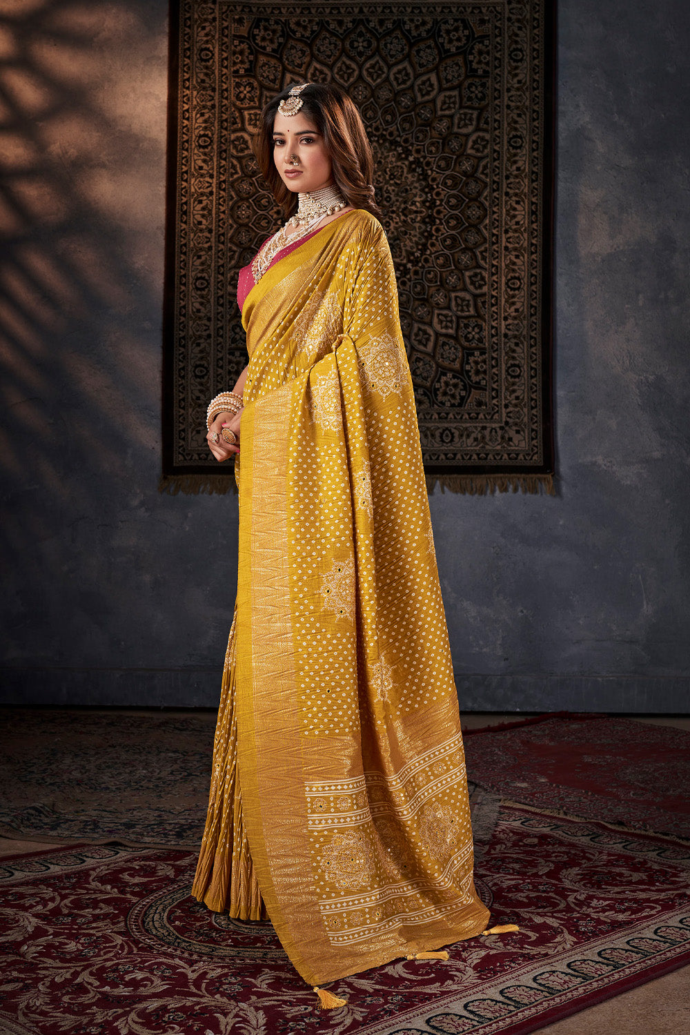In-Sattva Women's Heritage Bandhani Tussar Silk Saree; Haldi Mustard