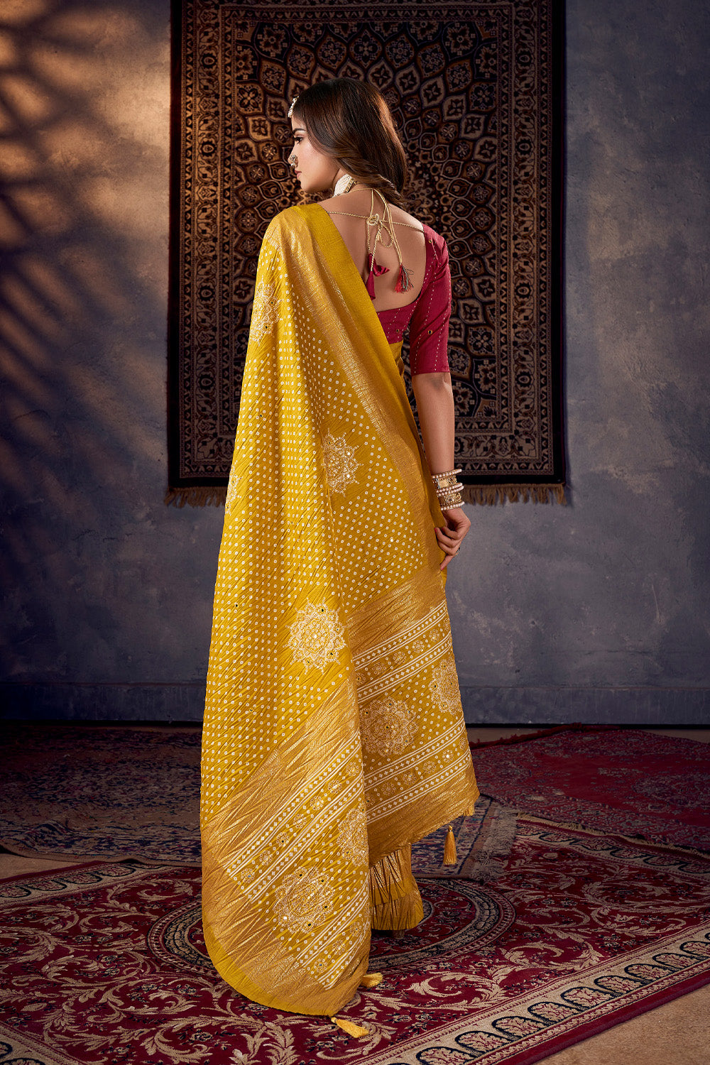 In-Sattva Women's Heritage Bandhani Tussar Silk Saree; Haldi Mustard