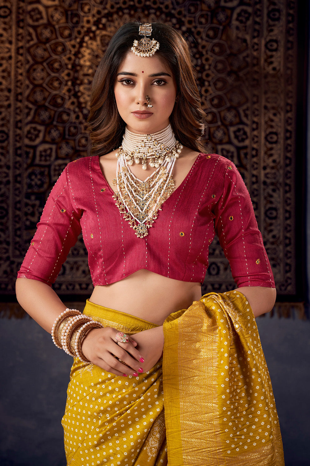 In-Sattva Women's Heritage Bandhani Tussar Silk Saree; Haldi Mustard