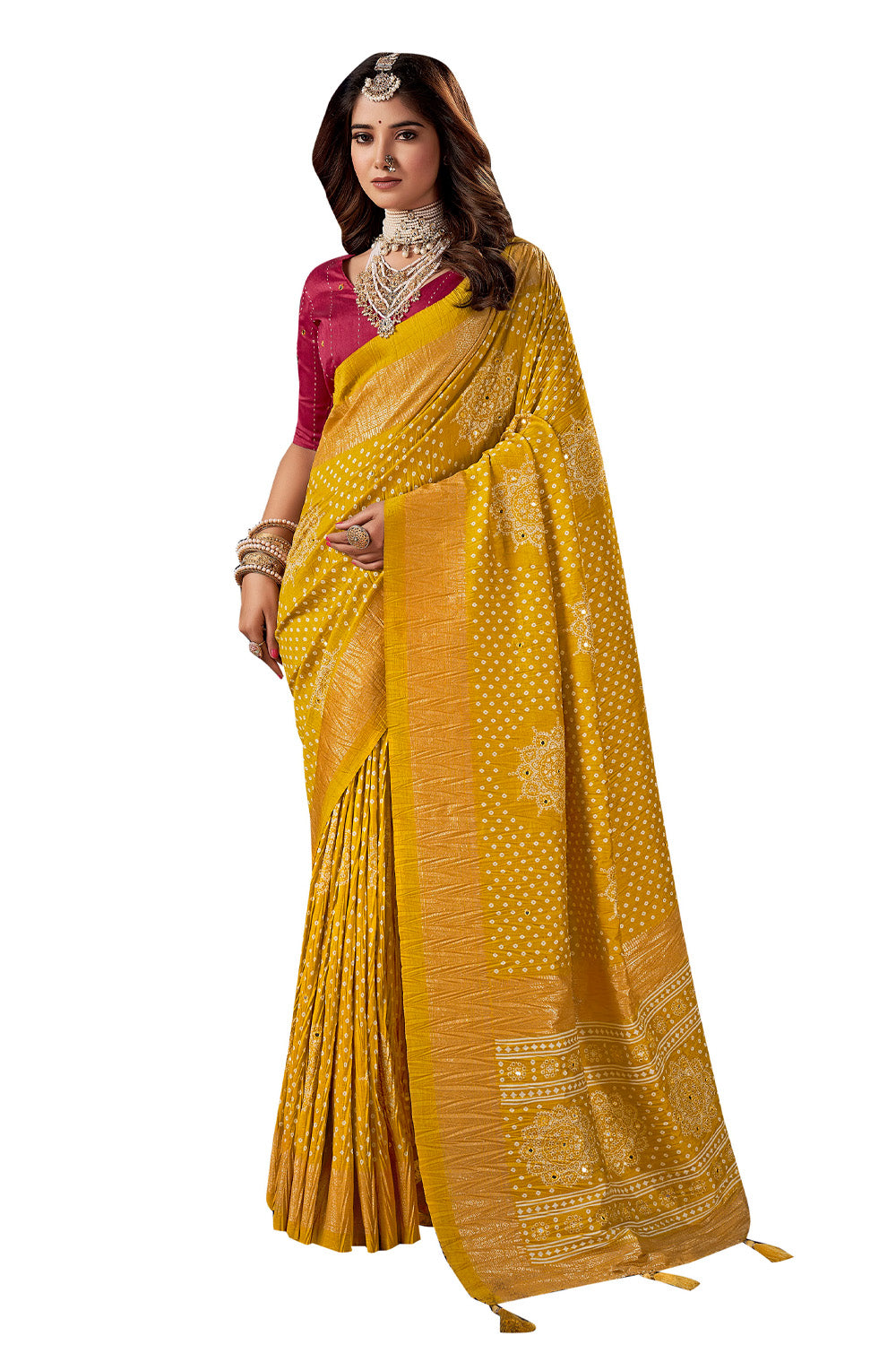 In-Sattva Women's Heritage Bandhani Tussar Silk Saree; Haldi Mustard