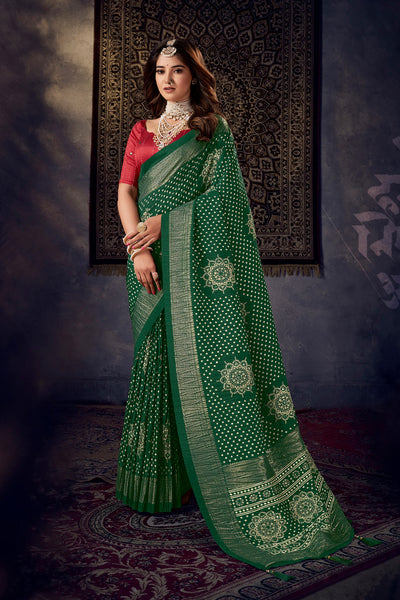In-Sattva Women's Heritage Bandhani Tussar Silk Saree; Garden Green