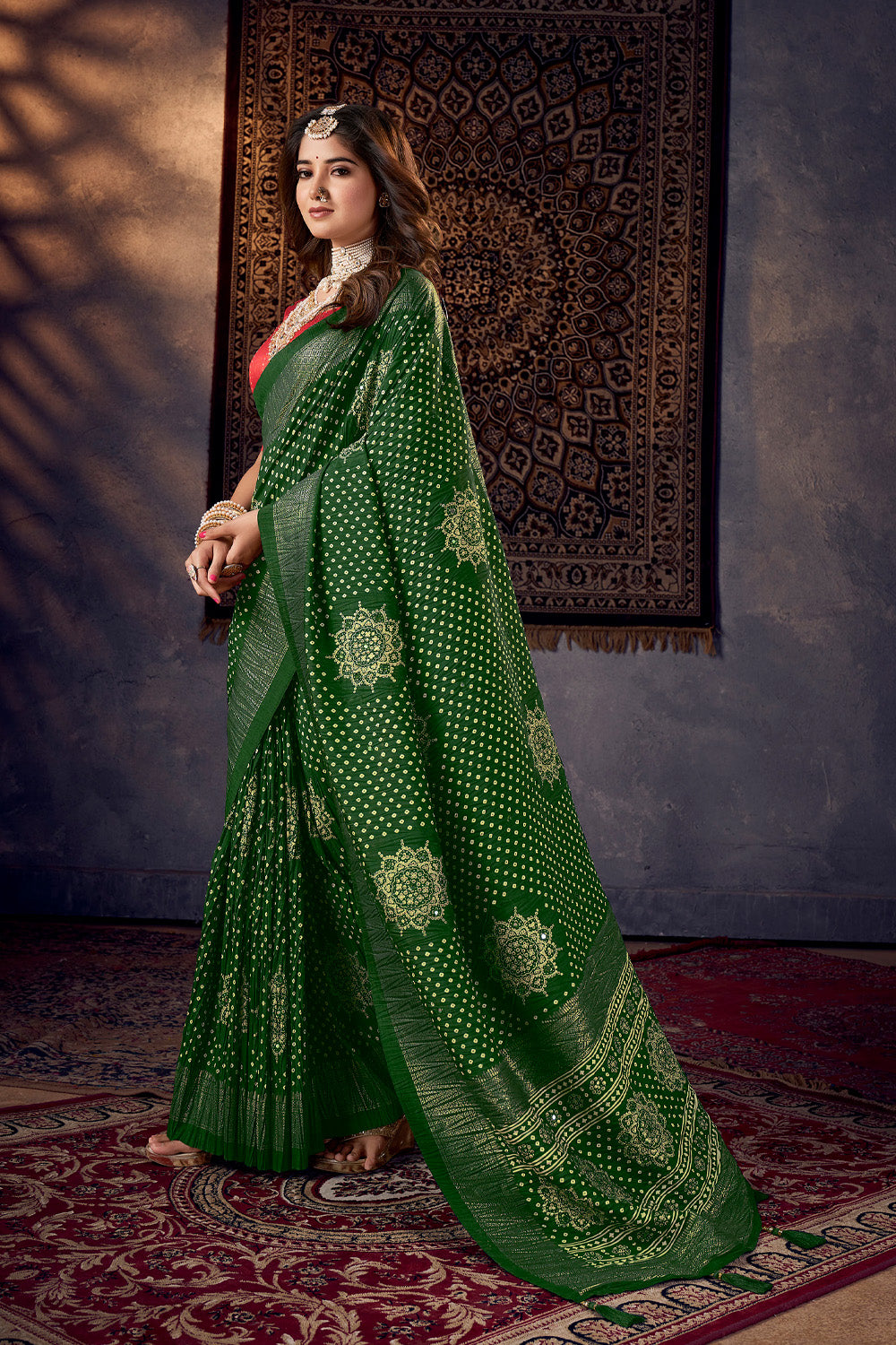 In-Sattva Women's Heritage Bandhani Tussar Silk Saree; Garden Green