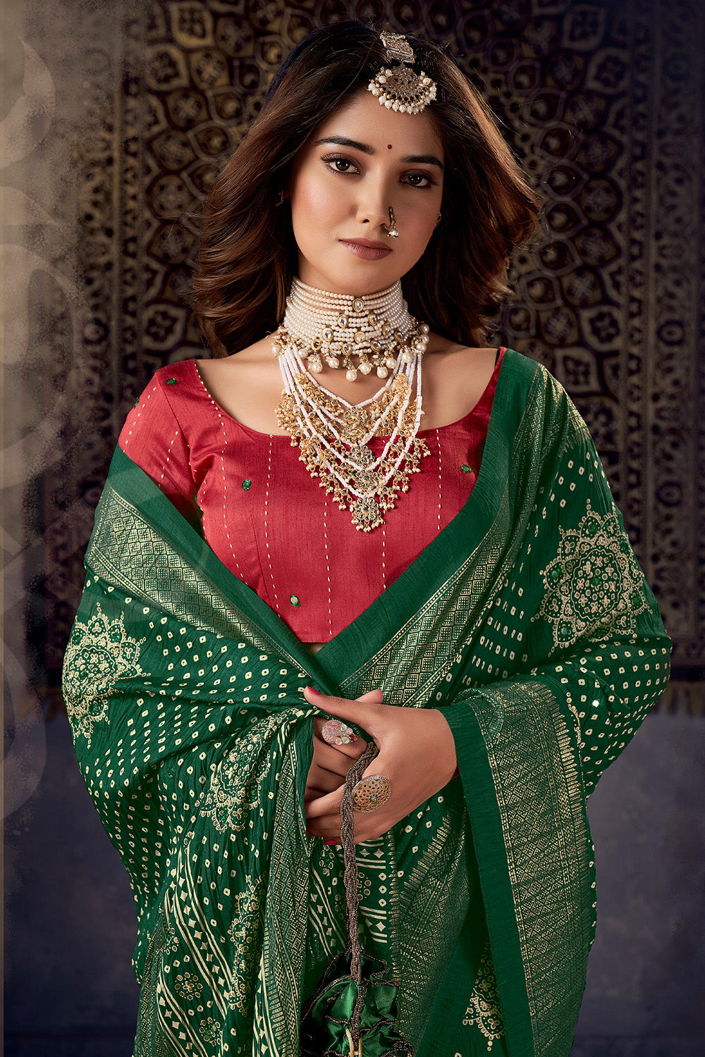 In-Sattva Women's Heritage Bandhani Tussar Silk Saree; Garden Green