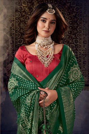 In-Sattva Women's Heritage Bandhani Tussar Silk Saree; Garden Green