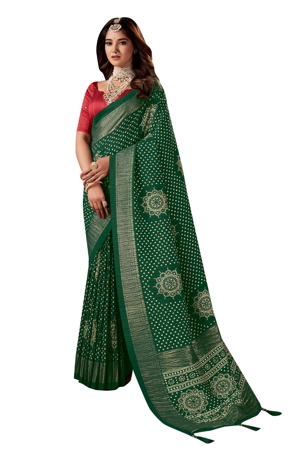 In-Sattva Women's Heritage Bandhani Tussar Silk Saree; Garden Green