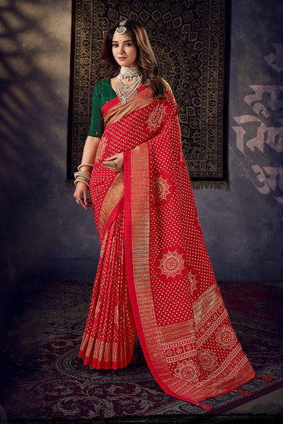In-Sattva Women's Heritage Bandhani Tussar Silk Saree; Strawberry Red