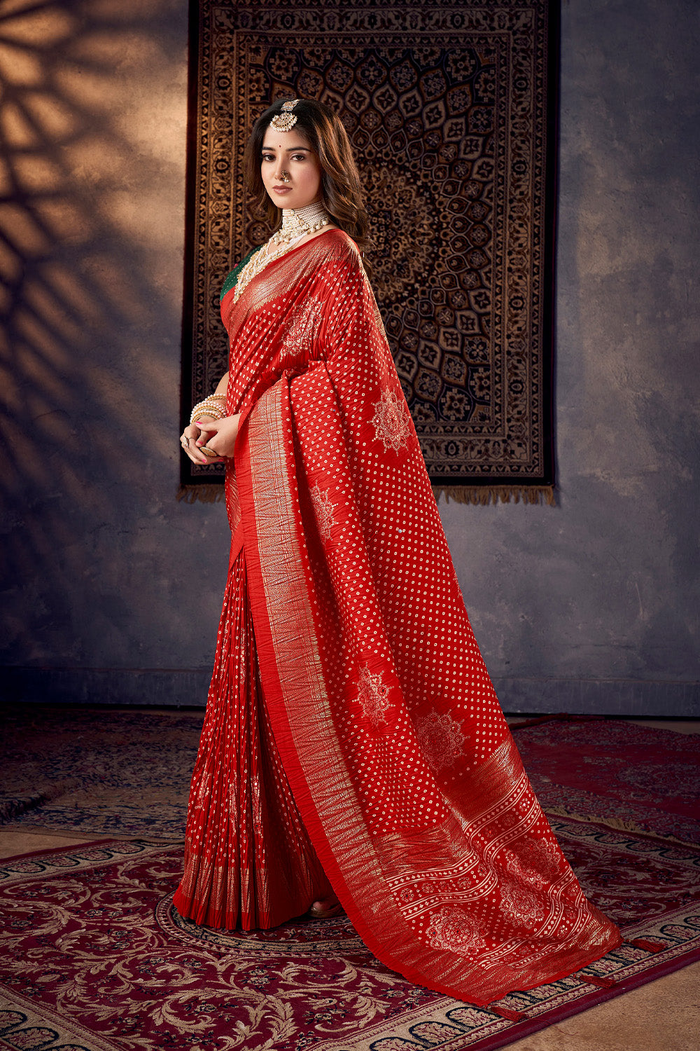 In-Sattva Women's Heritage Bandhani Tussar Silk Saree; Strawberry Red