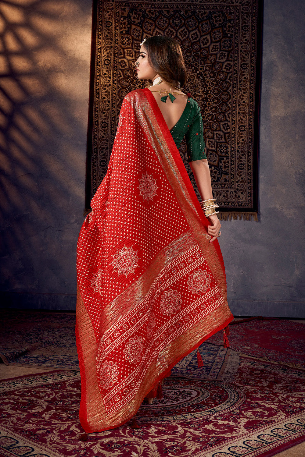 In-Sattva Women's Heritage Bandhani Tussar Silk Saree; Strawberry Red