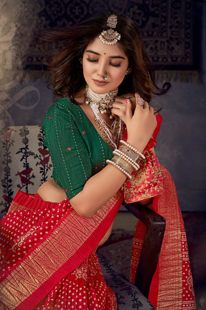 In-Sattva Women's Heritage Bandhani Tussar Silk Saree; Strawberry Red