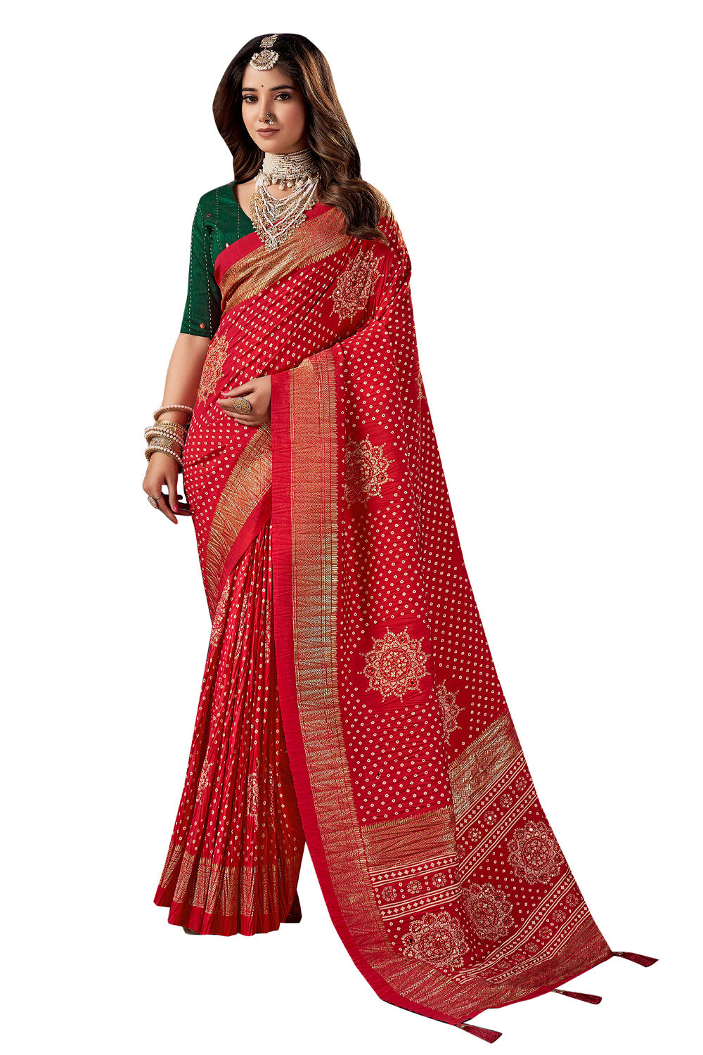 In-Sattva Women's Heritage Bandhani Tussar Silk Saree; Strawberry Red