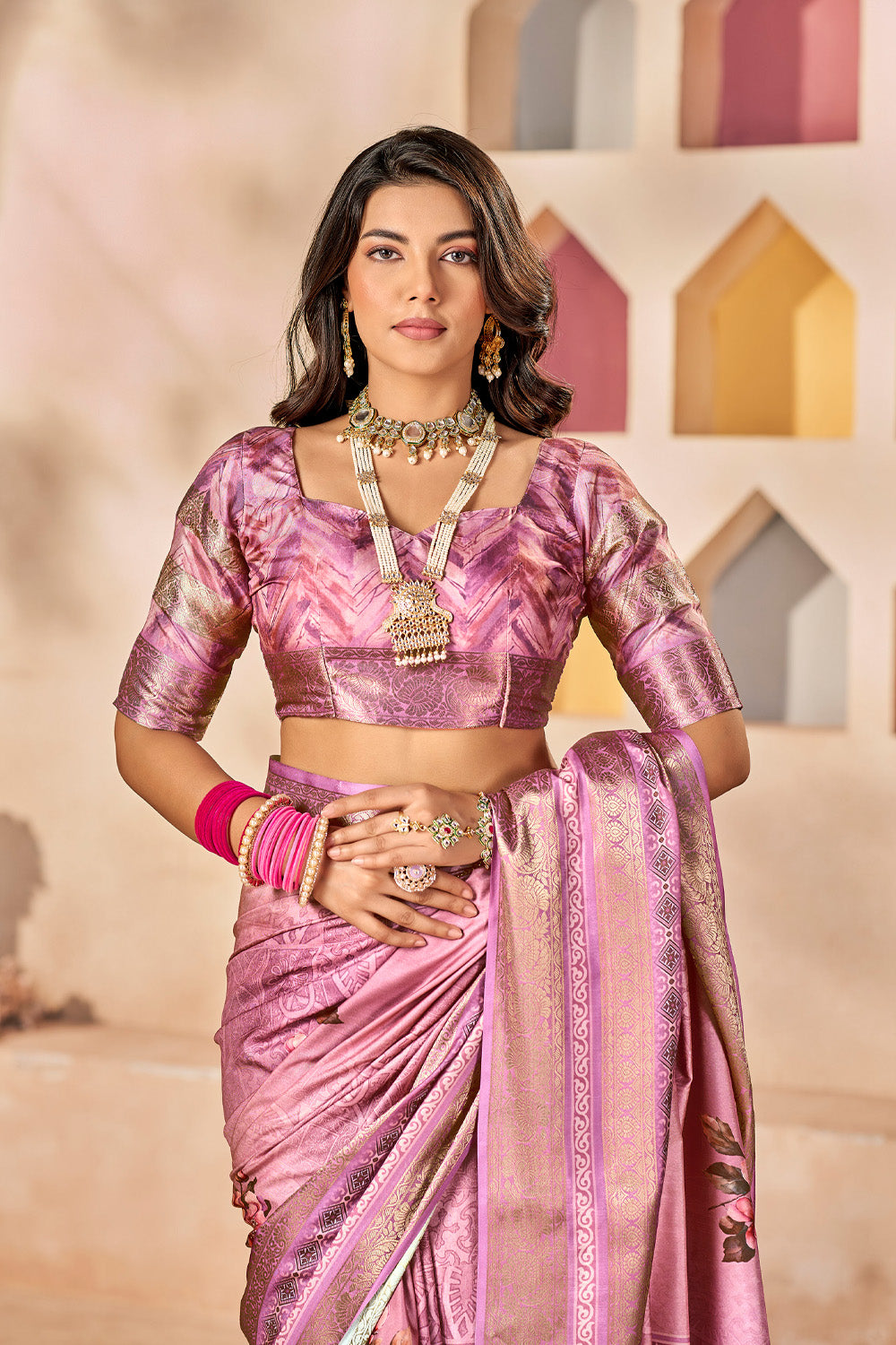 In-Sattva Women's Heritage Floral Print Dola Silk Saree; Silk Pink