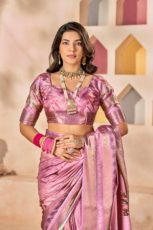 In-Sattva Women's Heritage Floral Print Dola Silk Saree; Silk Pink