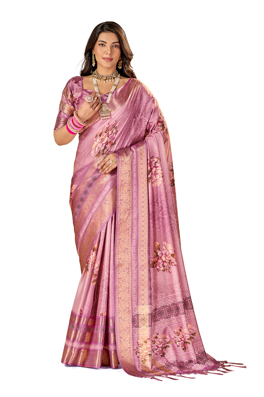 In-Sattva Women's Heritage Floral Print Dola Silk Saree; Silk Pink