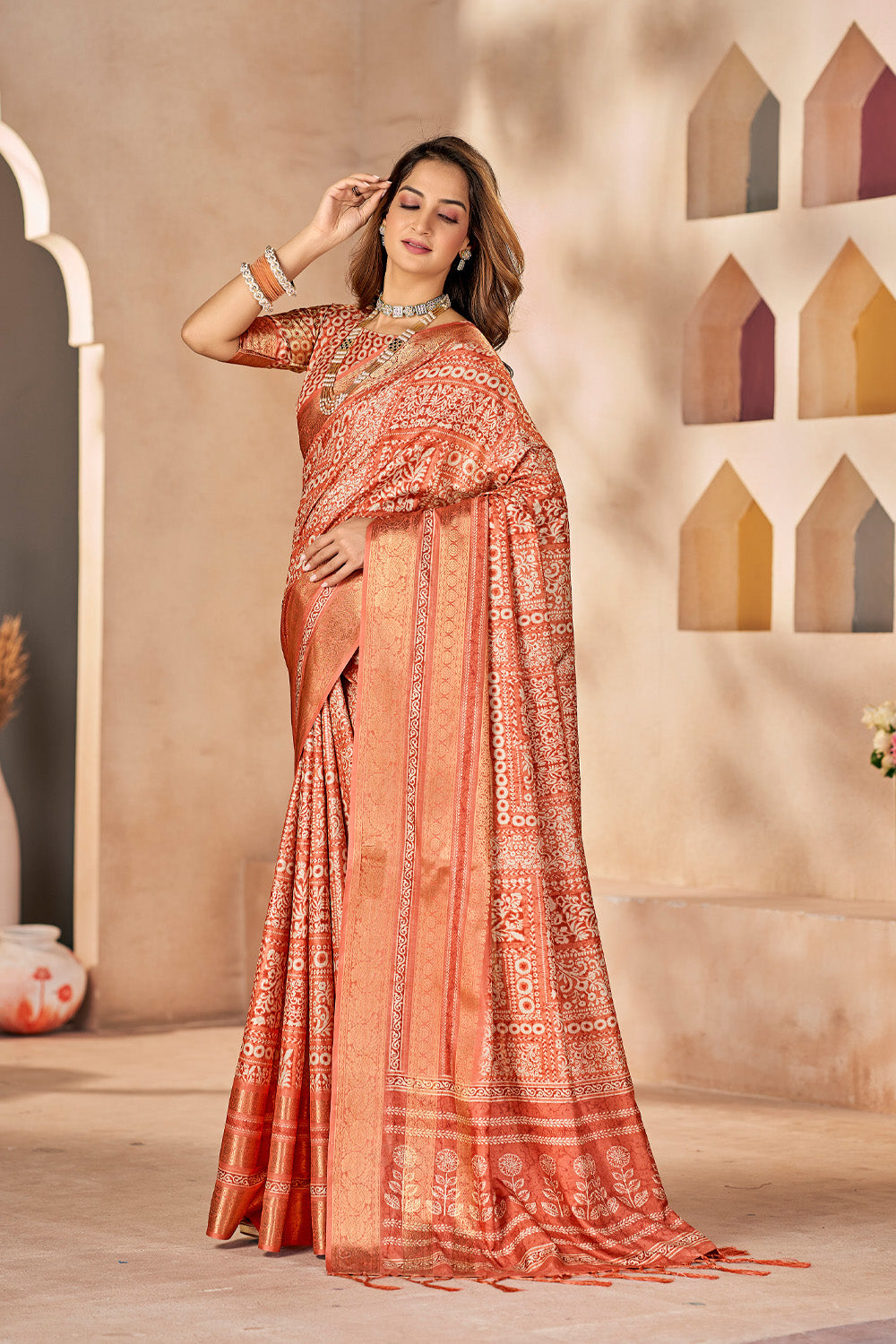 In-Sattva Women's Heritage Floral Print Dola Silk Saree; Elegant Orange