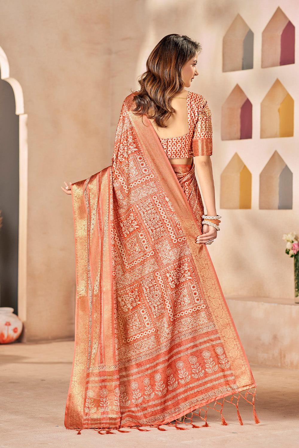 In-Sattva Women's Heritage Floral Print Dola Silk Saree; Elegant Orange