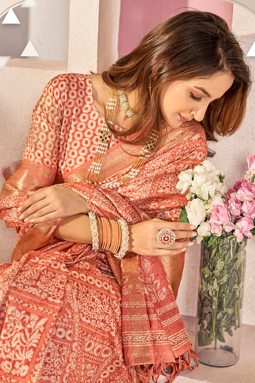 In-Sattva Women's Heritage Floral Print Dola Silk Saree; Elegant Orange