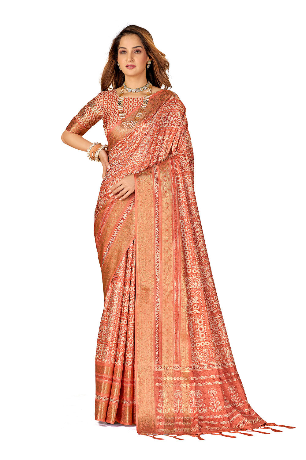 In-Sattva Women's Heritage Floral Print Dola Silk Saree; Elegant Orange