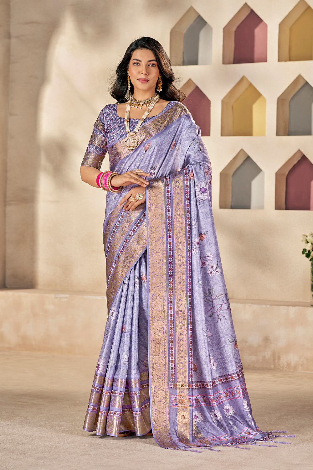 In-Sattva Women's Heritage Floral Print Dola Silk Saree; Luxurious Lavender