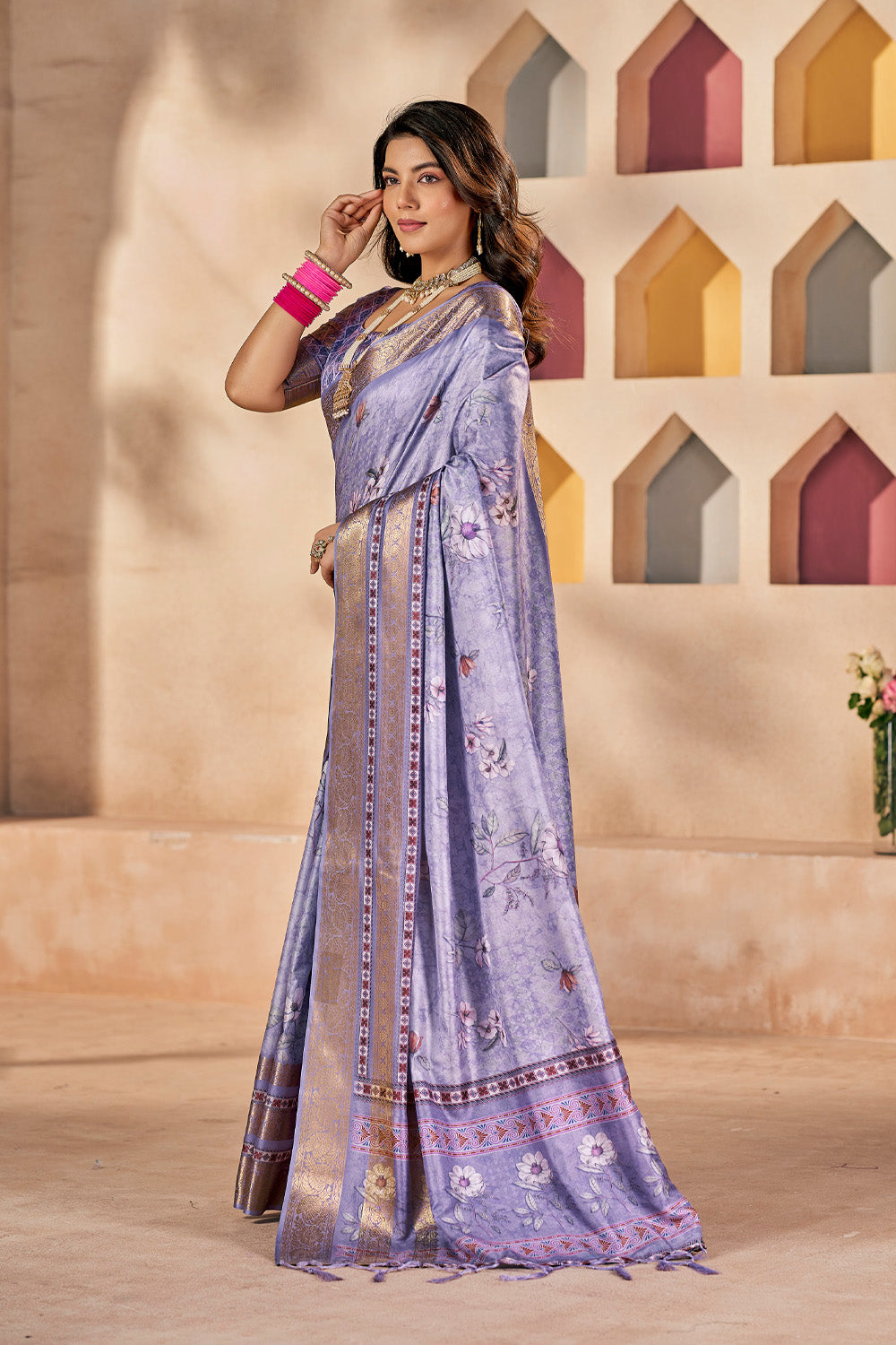 In-Sattva Women's Heritage Floral Print Dola Silk Saree; Luxurious Lavender