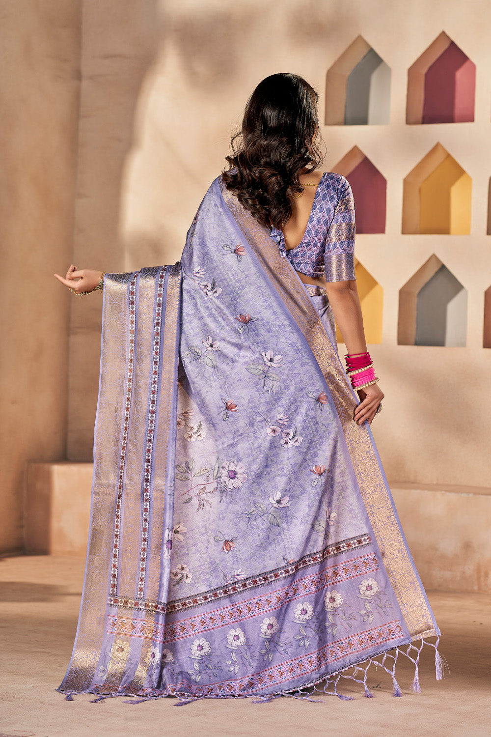 In-Sattva Women's Heritage Floral Print Dola Silk Saree; Luxurious Lavender