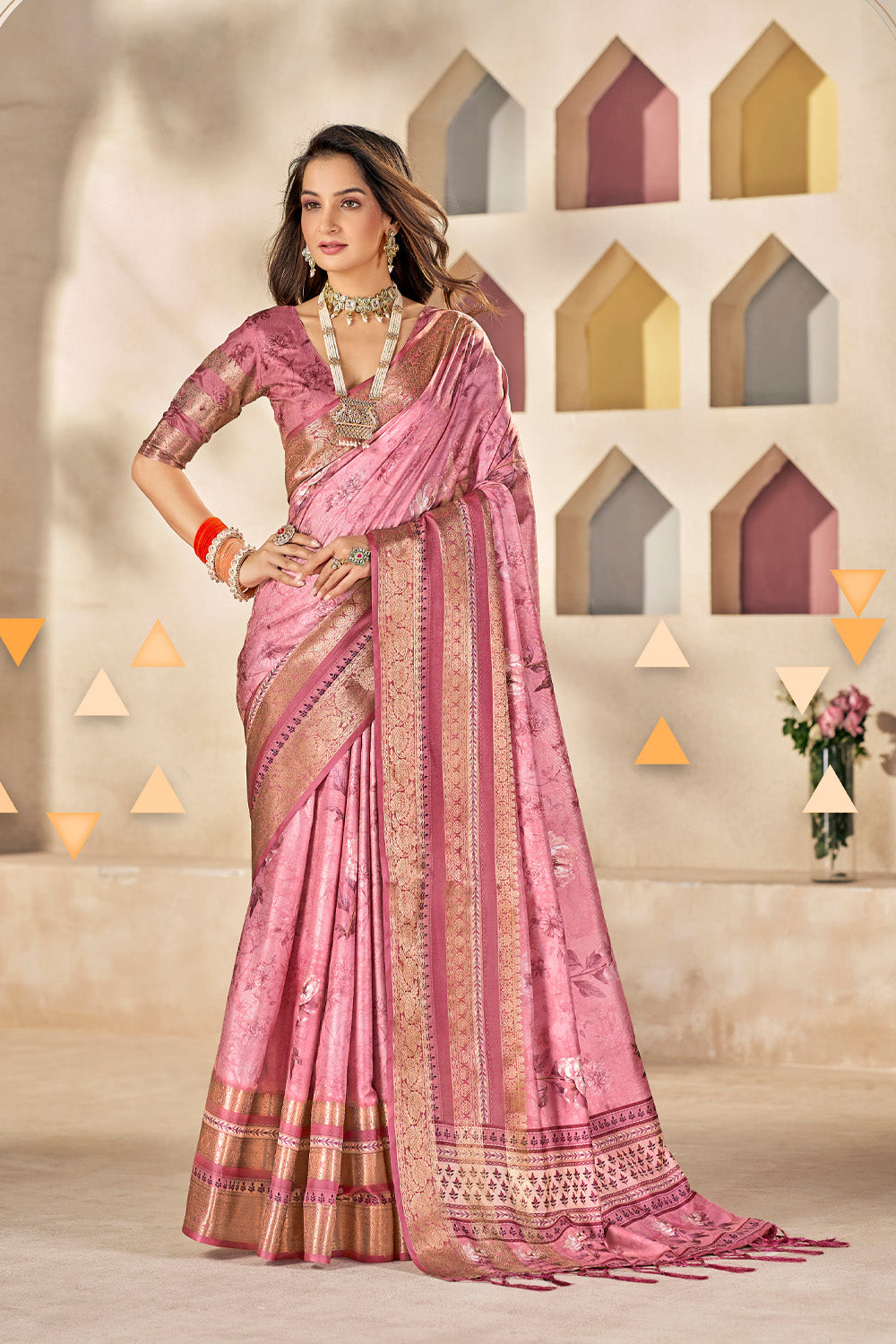 In-Sattva Women's Heritage Floral Print Dola Silk Saree; Candy Pink