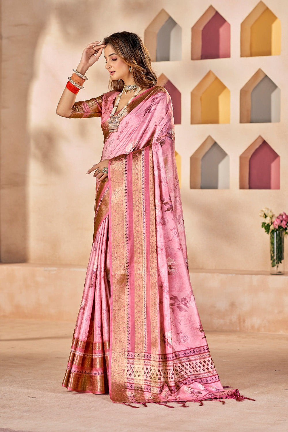 In-Sattva Women's Heritage Floral Print Dola Silk Saree; Candy Pink