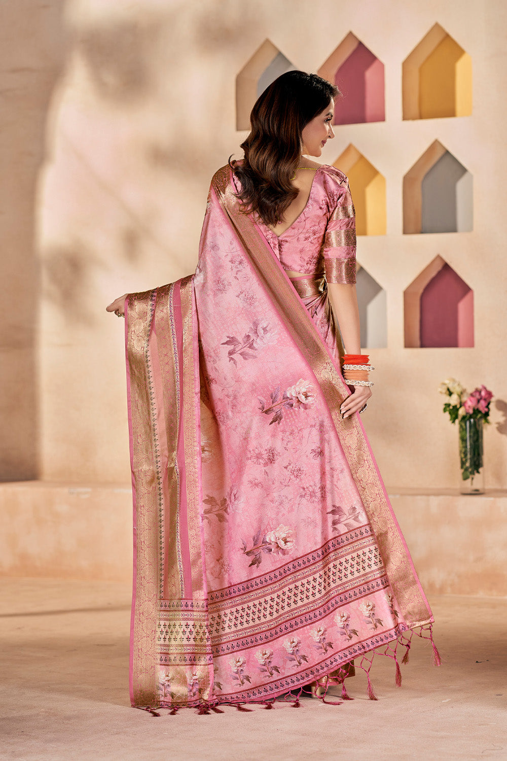 In-Sattva Women's Heritage Floral Print Dola Silk Saree; Candy Pink