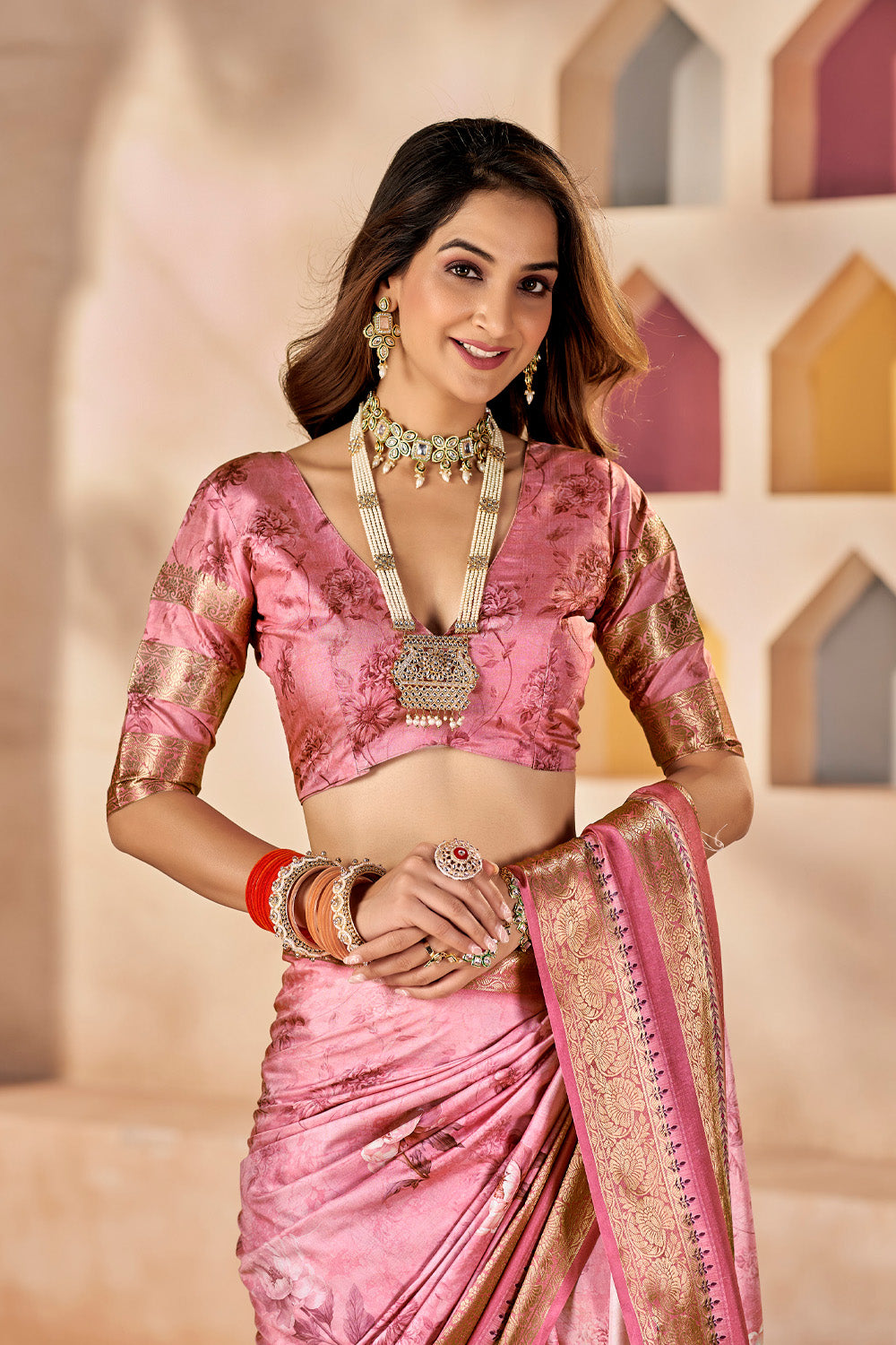 In-Sattva Women's Heritage Floral Print Dola Silk Saree; Candy Pink