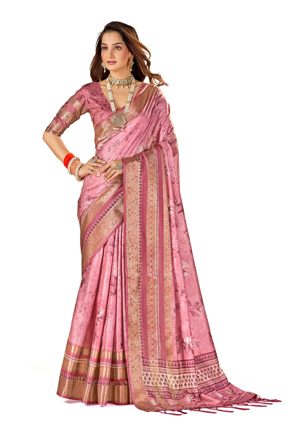 In-Sattva Women's Heritage Floral Print Dola Silk Saree; Candy Pink