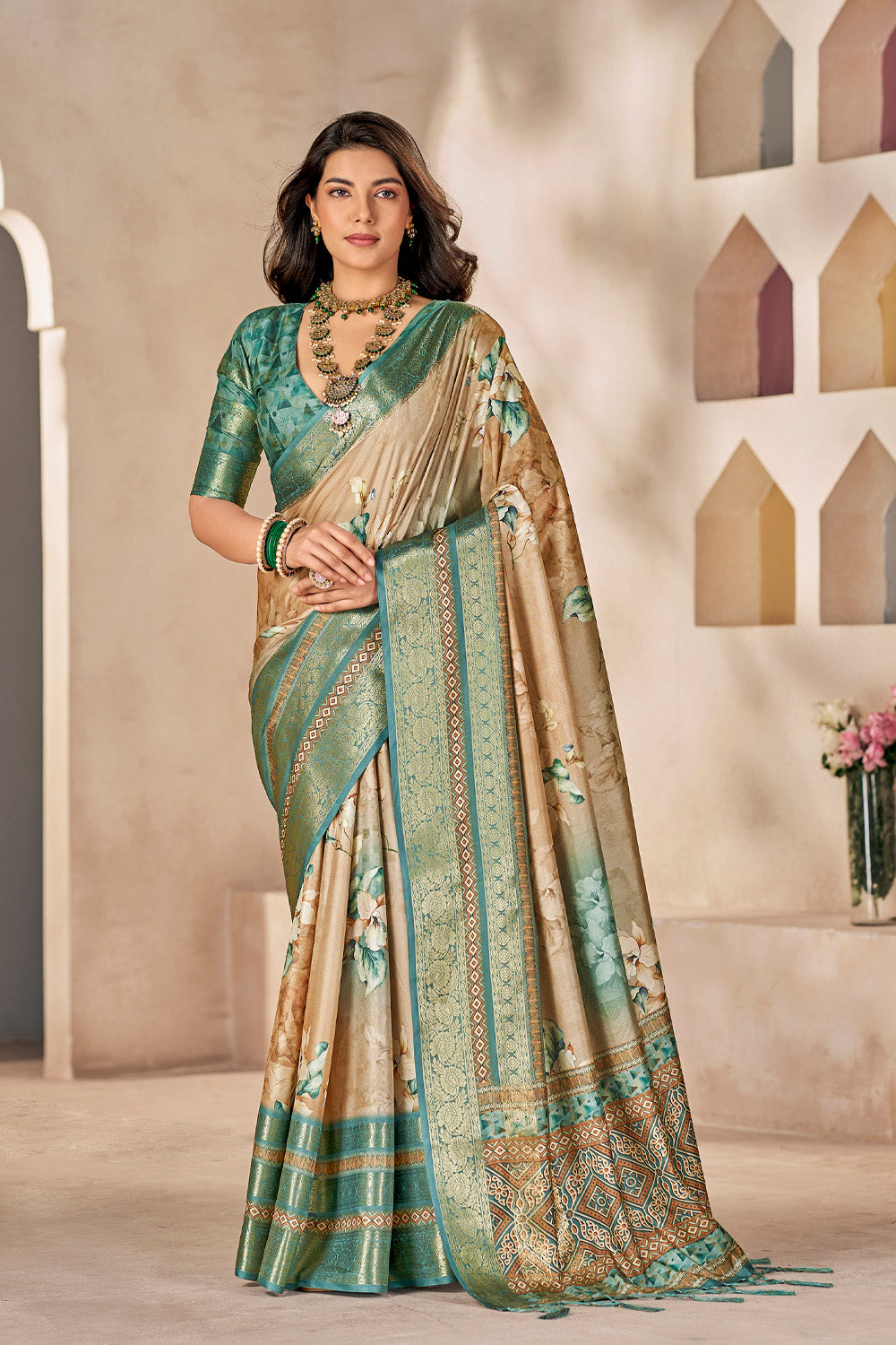In-Sattva Women's Heritage Floral Print Dola Silk Saree; Ethereal Green
