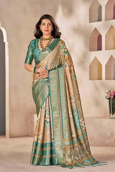 In-Sattva Women's Heritage Floral Print Dola Silk Saree; Ethereal Green