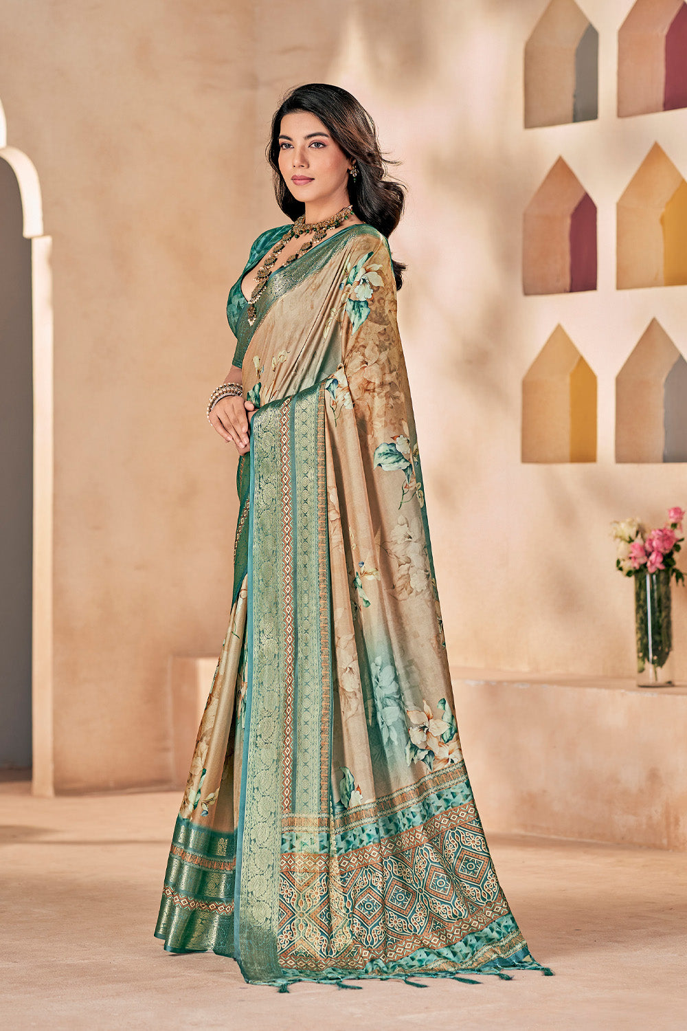 In-Sattva Women's Heritage Floral Print Dola Silk Saree; Ethereal Green