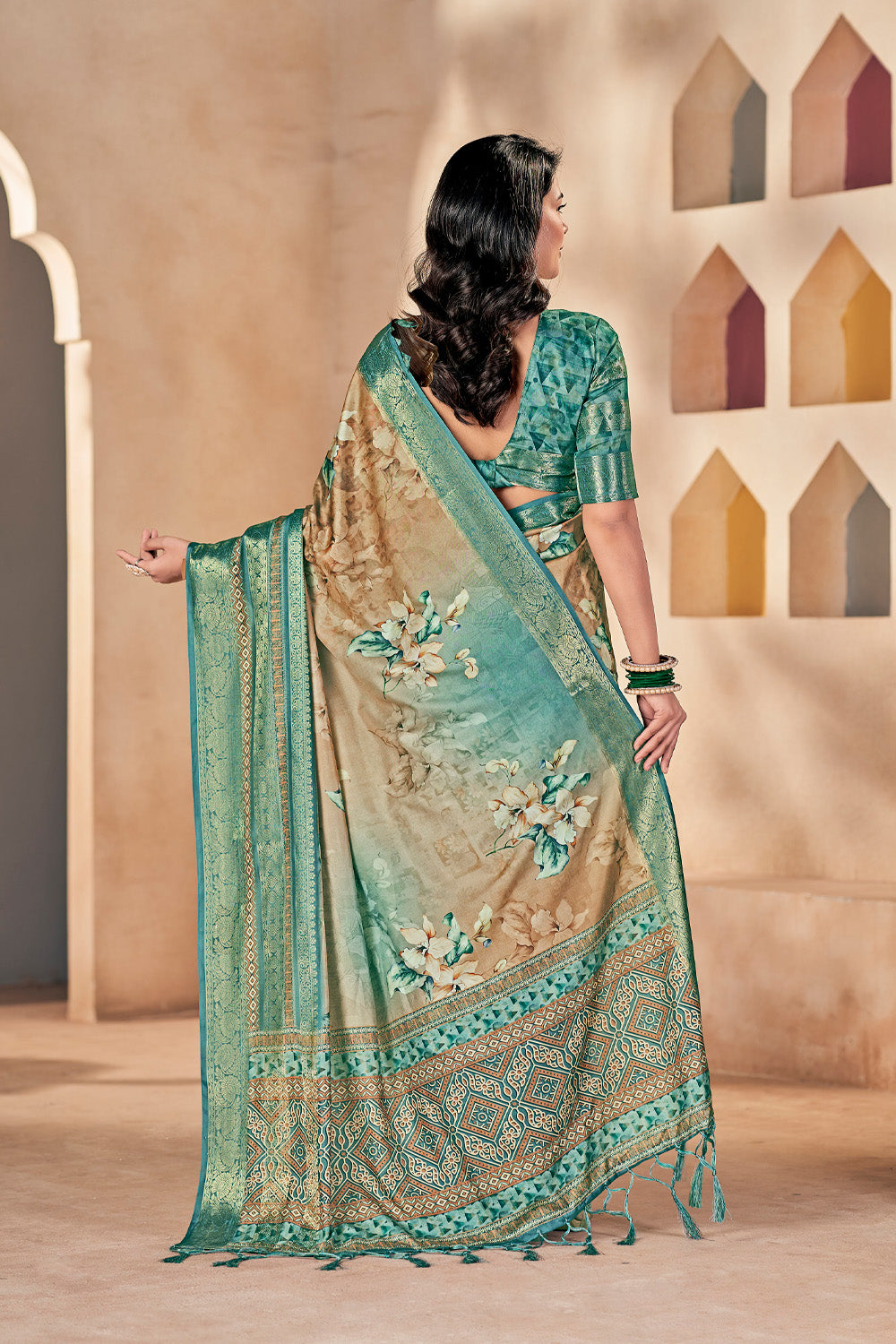 In-Sattva Women's Heritage Floral Print Dola Silk Saree; Ethereal Green