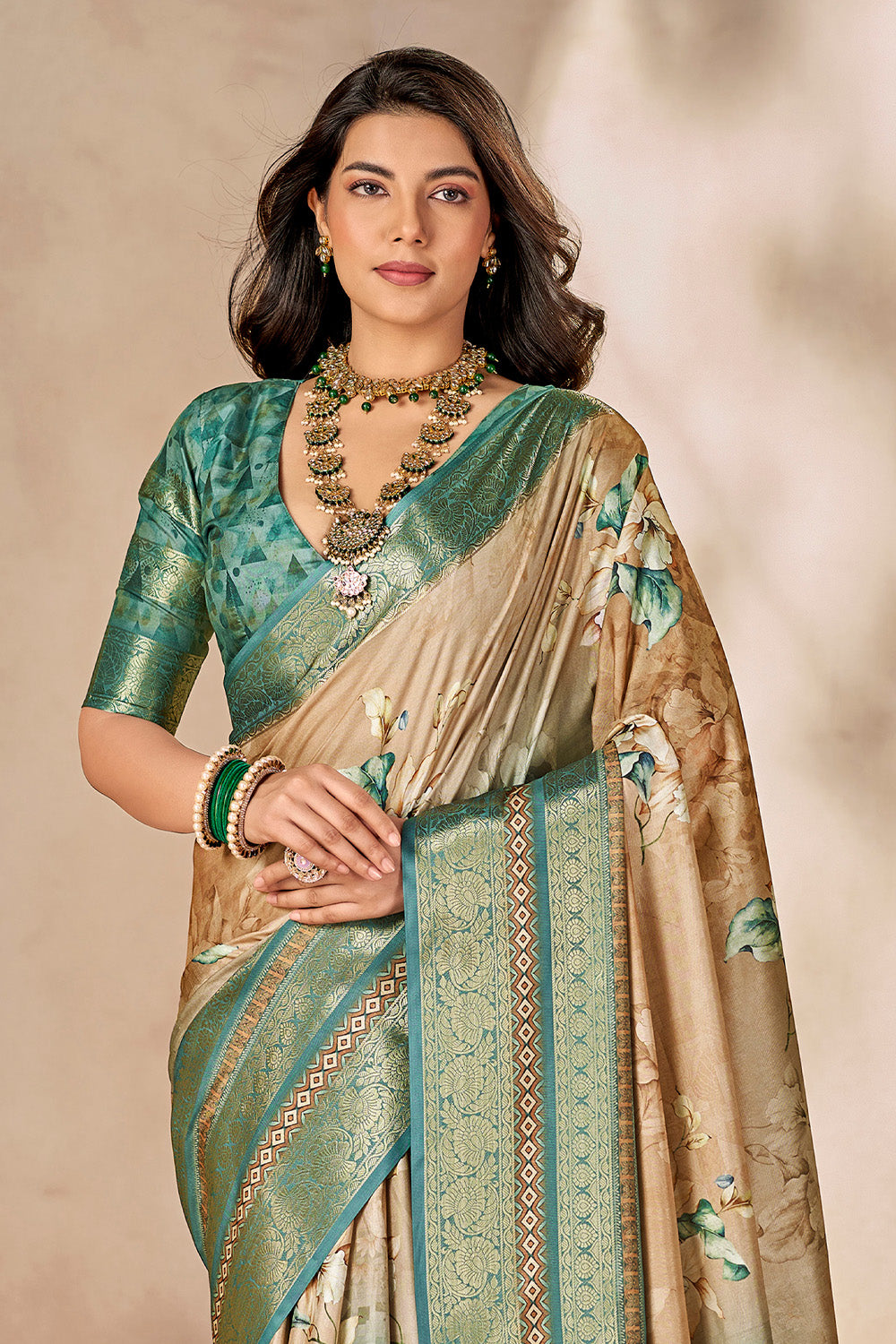 In-Sattva Women's Heritage Floral Print Dola Silk Saree; Ethereal Green