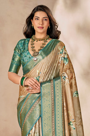 In-Sattva Women's Heritage Floral Print Dola Silk Saree; Ethereal Green