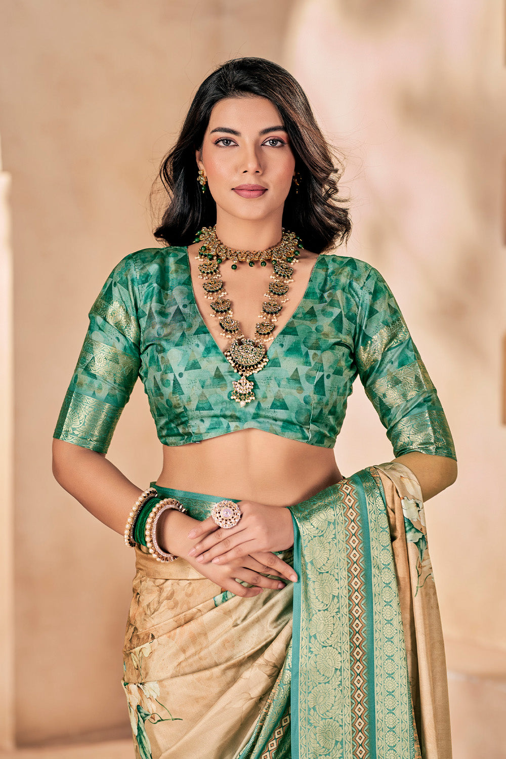 In-Sattva Women's Heritage Floral Print Dola Silk Saree; Ethereal Green