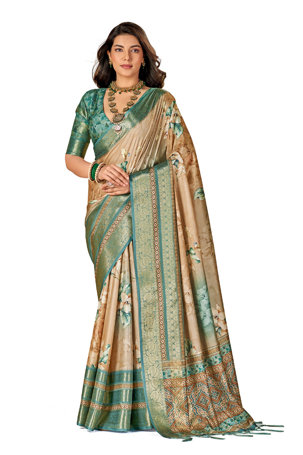 In-Sattva Women's Heritage Floral Print Dola Silk Saree; Ethereal Green