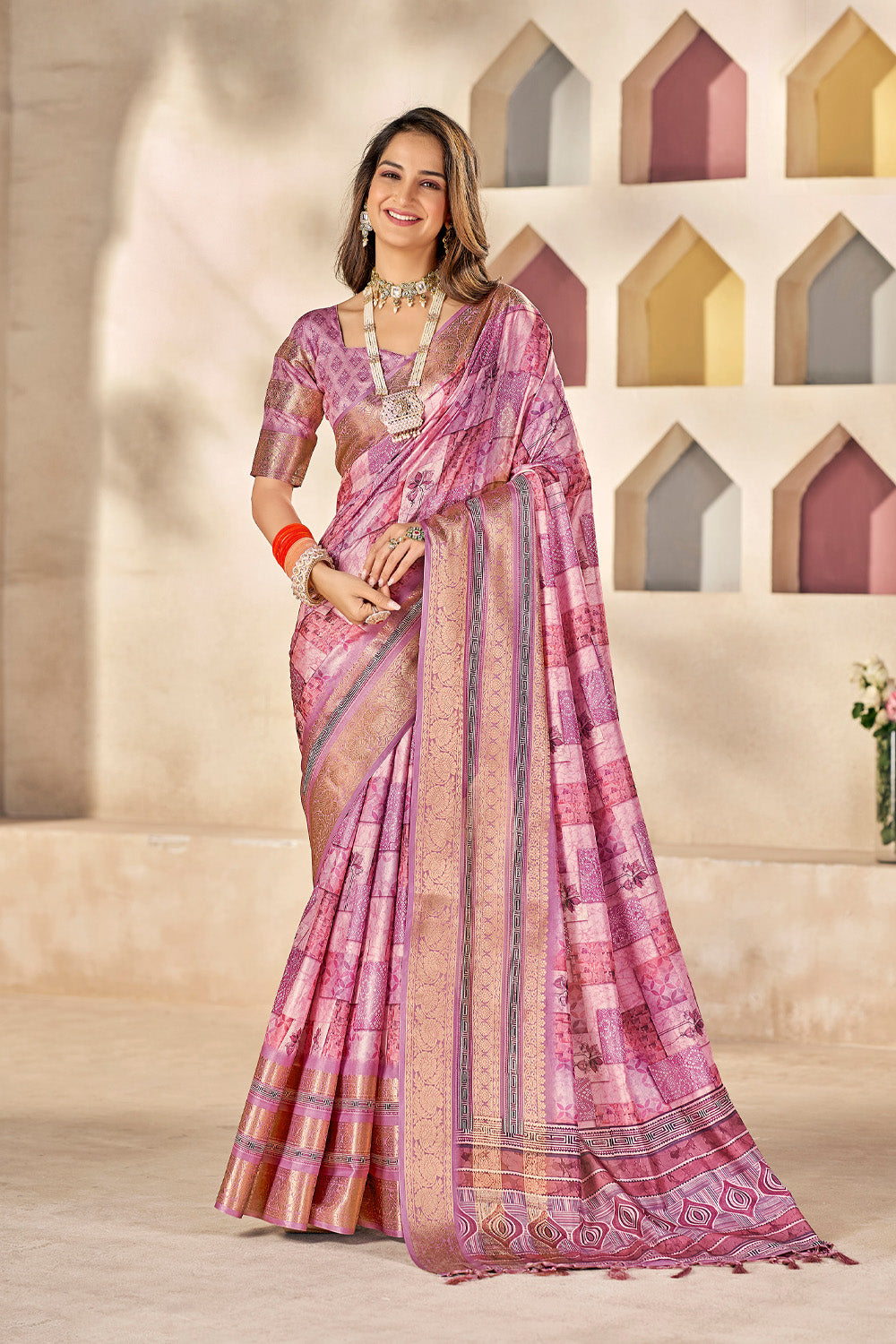 In-Sattva Women's Heritage Floral Print Dola Silk Saree; Peony Pink