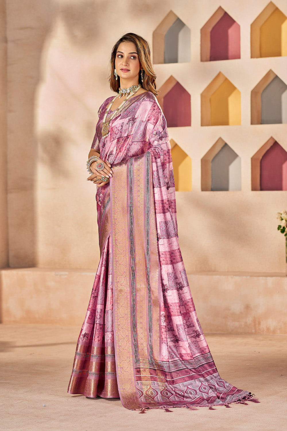 In-Sattva Women's Heritage Floral Print Dola Silk Saree; Peony Pink
