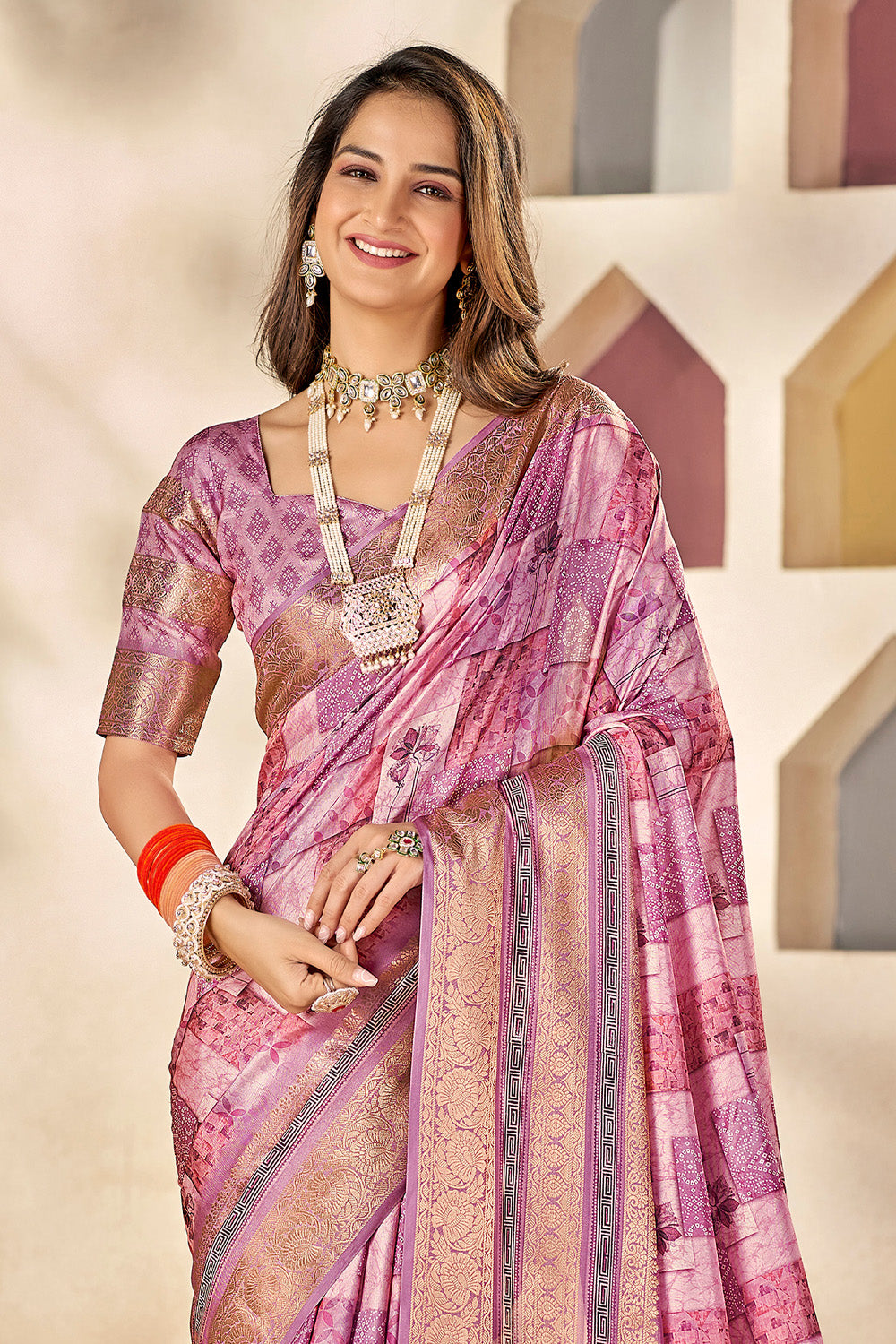 In-Sattva Women's Heritage Floral Print Dola Silk Saree; Peony Pink
