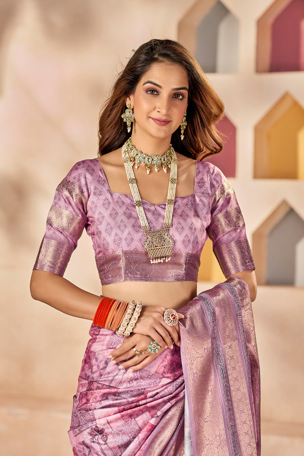 In-Sattva Women's Heritage Floral Print Dola Silk Saree; Peony Pink