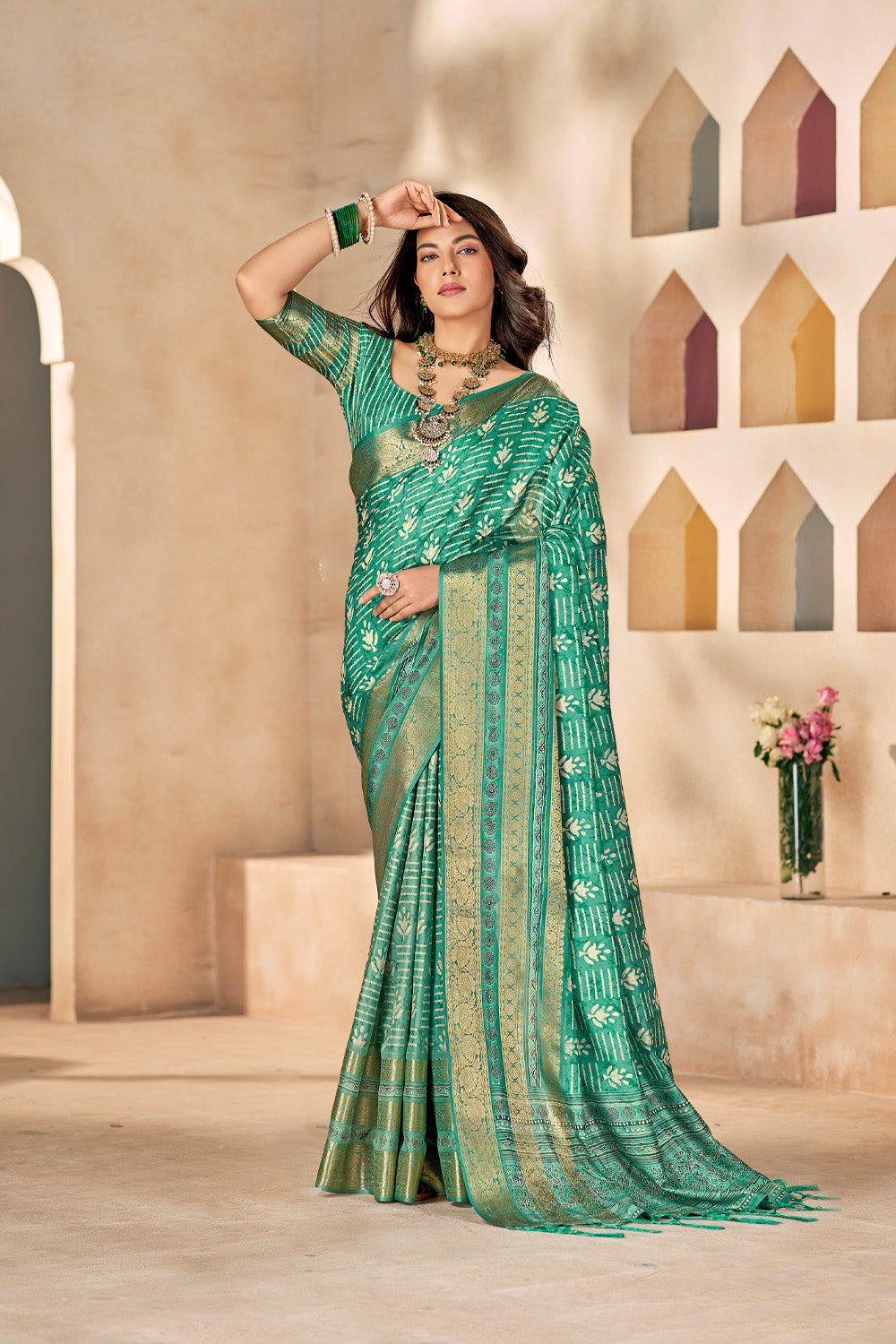 In-Sattva Women's Heritage Floral Print Dola Silk Saree; Eucalyptus Green