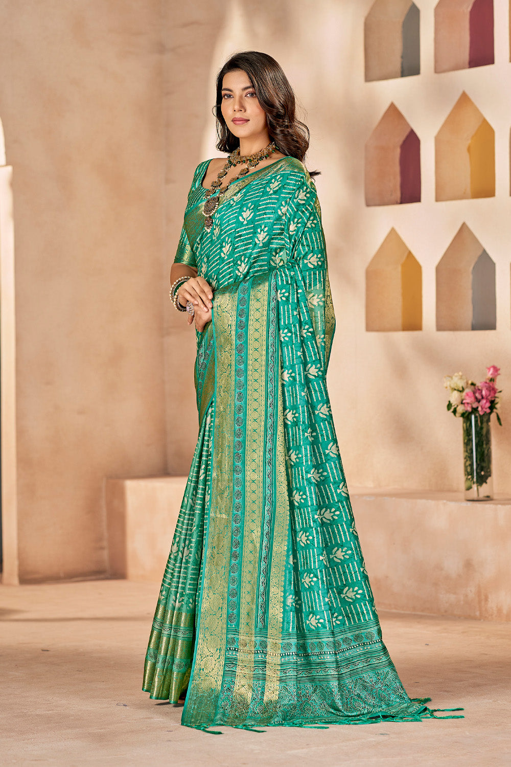 In-Sattva Women's Heritage Floral Print Dola Silk Saree; Eucalyptus Green